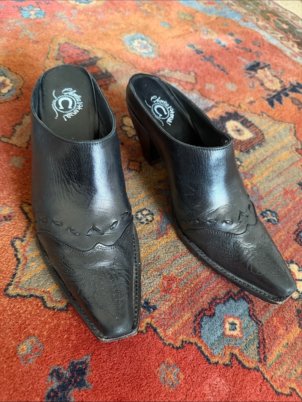 CHARLIE 1 HORSE Black Mules Size 8.5 Made in Brazil Lucchese Leather